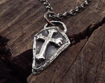 Medieval Shield Cross Necklace Medallion, Men's Sterling Silver Pendant, Rustic Raw Handmade Christian Jewelry Gift for Him