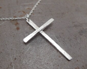 Silver Cross Necklace, Sterling Silver Pendant, Delicate Slim Hammered Cross, Handmade Christian Jewelry, Gift for Men, Women, Boys or Girls