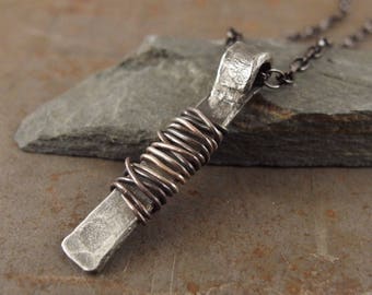 Protection Amulet Necklace, Wire Wrapped Sterling Silver Pendant, Handmade Rustic Talisman Jewelry, Gift for Men or Women