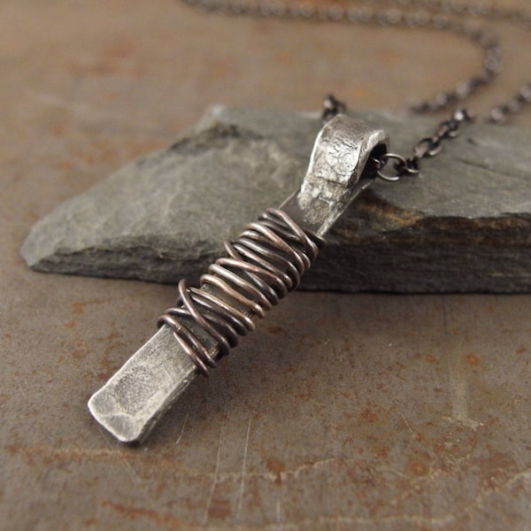 Protection Amulet Necklace, Wire Wrapped Sterling Silver Pendant, Handmade Rustic Talisman Jewelry, Gift for Men or Women