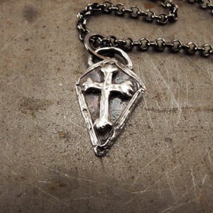 Medieval Shield Cross Necklace Medallion, Men's Sterling Silver Pendant, Rustic Raw Handmade Christian Jewelry Gift for Him image 3