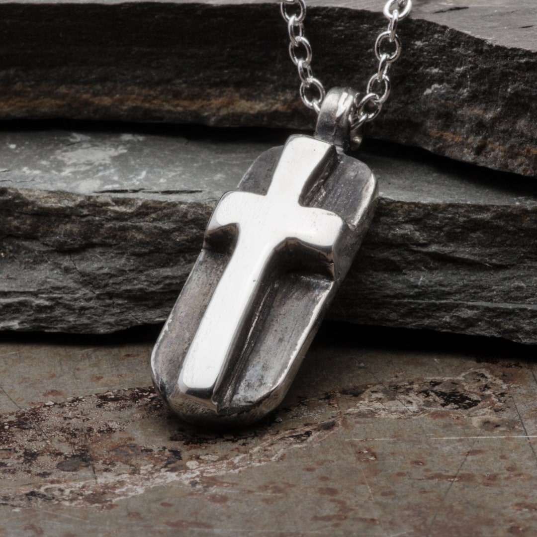 Mens Cross Necklace, Sterling Silver Dog Tag Pendant, Handmade