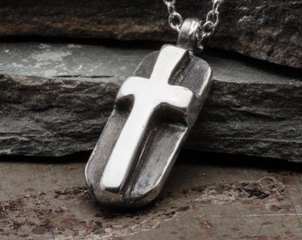 Mens Cross Necklace, Sterling Silver Dog Tag Pendant, Handmade Christian Religious Jewelry, Gift for Men