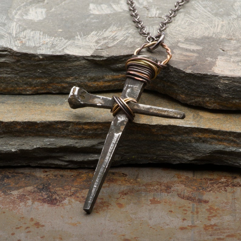 Mens Cross Necklace, Rusty Nails Pendant, Rustic Medieval Handmade Christian Jewelry, Gift for Him image 1