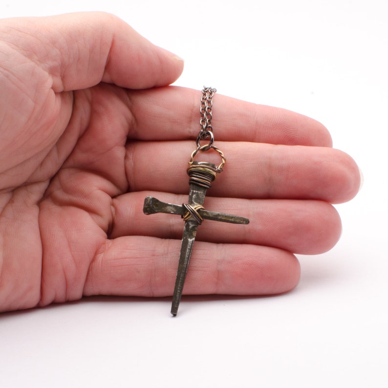 Mens Cross Necklace, Rusty Nails Pendant, Rustic Medieval Handmade Christian Jewelry, Gift for Him image 9