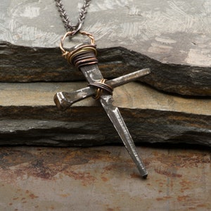 Mens Cross Necklace, Rusty Nails Pendant, Rustic Medieval Handmade Christian Jewelry, Gift for Him image 7