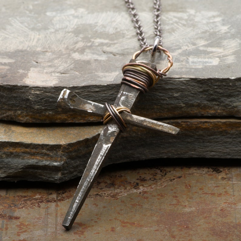 Mens Cross Necklace, Rusty Nails Pendant, Rustic Medieval Handmade Christian Jewelry, Gift for Him image 3