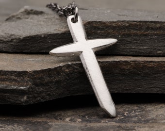 Silver Edge Cross Necklace, Sterling Silver Medieval Pendant, Rustic Handmade Christian Jewelry Gift for Men or Women