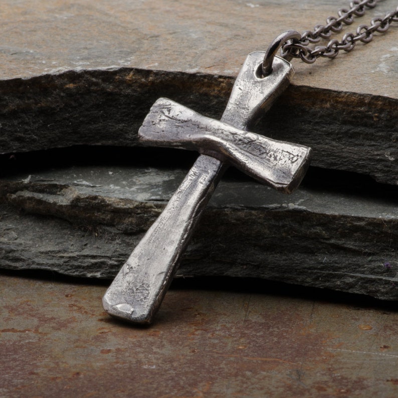 Mens Cross Necklace, Sterling Silver Pendant, Rustic Vintage Style Handmade Christian Jewelry, Gift for Him image 3
