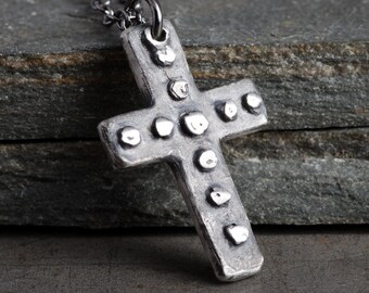 Mens Cross Necklace, Hammered Sterling Silver Pendant, Antique Medieval Rugged Cross, Rustic Handmade Christian Jewelry Gift for Him