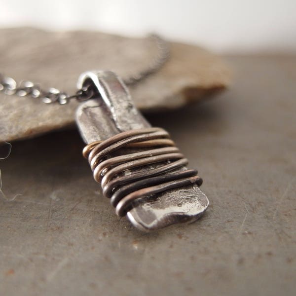 Warding Off Amulet Necklace, Wire Wrapped Sterling Silver Pendant, Handmade Rustic Raw Jewelry, Gift for Men or Women