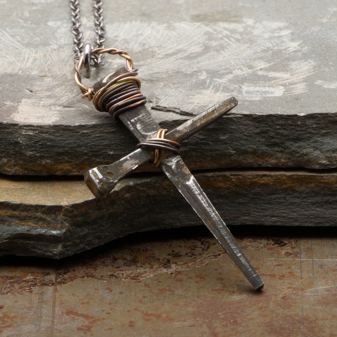 Mens Cross Necklace Rusty Nails Pendant Rustic Medieval Etsy