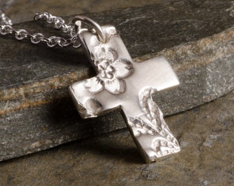 Cross Pendant Necklace DAISY FLOWER Sterling Silver Dainty Christian Women Jewelry, First Communion Confirmation Gift for Girls