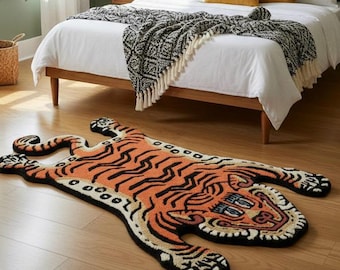Tibetan Tiger Rug – Hand Tufted Wool Animal Shape Carpet, Orange Tiger Area Rug for Living Room, Bedroom, Kids Room & Nursery Decor