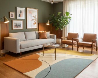 Handgetufteter moderner Wollteppich | Abstrakte Geometrische Linien Teppich | Beige Rost Blauer Senf Teppich | Modernes Wohnzimmer Home Decor