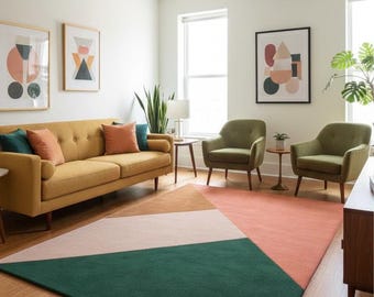 Hand Tufted Wool Area Rug, Modern Geometric Color Block Rug, Mid Century Abstract Carpet for Living Room Bedroom Home Decor