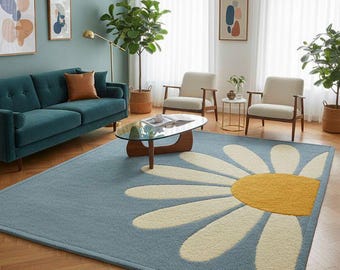 Hand Tufted Wool Daisy Rug – Modern Floral Area Rug, Blue & Mustard Flower Carpet, Kids Room Decor, Cute Aesthetic Bedroom Rug, Custom Sizes