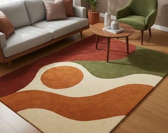 Hand-Tufted Wool Area Rug — Modern Geometric | Cream, Rust & Olive Abstract Lines | Mid-Century, Living Room, Bedroom, Kids