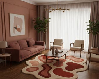 Hand Tufted Abstract Wool Rug – Irregular Blob Shape Carpet, Modern Layered Pink & Terracotta Rug, Organic Aesthetic Area Rug, Custom Size