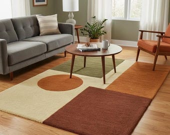 Hand Tufted Wool Rug | Modern Geometric Area Rug | Mid Century Abstract Carpet | Beige Brown Green Mustard Rug | Living Room Decor