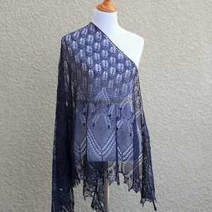 Knit Merino Wool Shawl: Navy Blue Lace Triangular Event Shawl