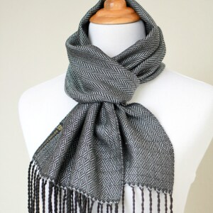 Handwoven scarf, grey scarf, black scarf, Men scarf, gift for him, gift for her, Eucapyltus scarf, luxury scarf, scarf with fringe image 5