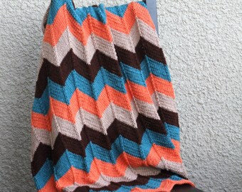 Hand-Knitted Chevron Baby Blanket: Teal, Beige, Brown, and Orange
