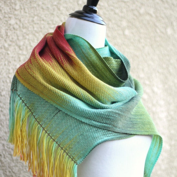 Luxury shawl, woven scarf, bridesmaids shawl, pashmina scarf , women wrap in gradient color green mint yellow red with fringe gift for her