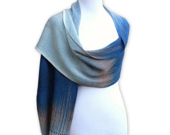 Woven Merino Wool Scarf: Gradient Blue Pashmina Shawl with Fringe