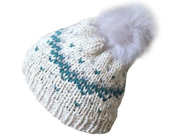 Fair Isle Knit Beanie Hat: Off-White with Faux Fur Pompom