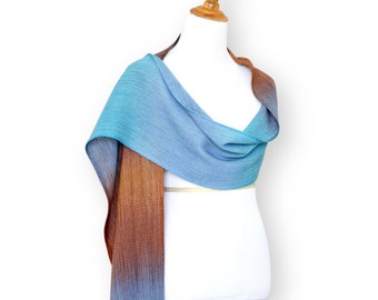 Handwoven Merino Wool Scarf: Gradient Turquoise Blue Brown Pashmina