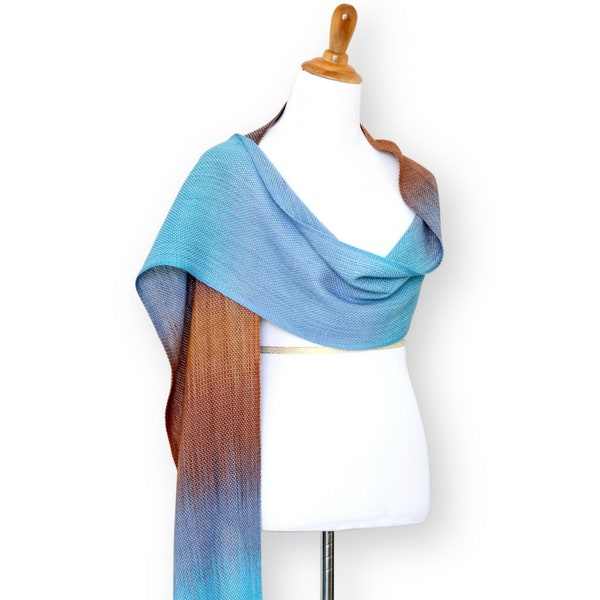 Hand woven scarf, pashmina scarf, women wrap, gradient color turquoise, blue and brown long with fringe gift for her