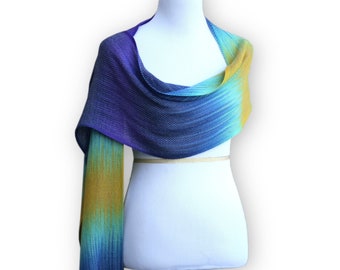 Woven Merino Wool Scarf: Gradient Blue Yellow Mint Pashmina Wrap