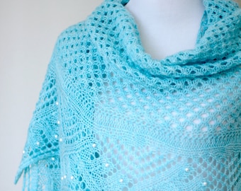Christmas Gift Handknit shawl, knitted shawl, shawl with beads, lace shawl, knit shawl in aqua blue color, shawl with pearls