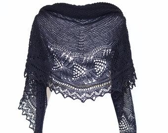 Knit Lace Shawl: Black Wool Wrap, Event Shawl