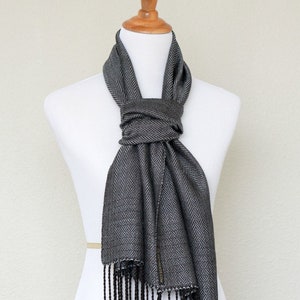 Handwoven scarf, grey scarf, black scarf, Men scarf, gift for him, gift for her, Eucapyltus scarf, luxury scarf, scarf with fringe image 1