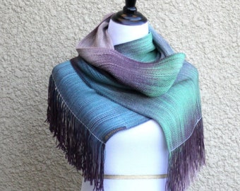 Handwoven Merino Wool Scarf: Green Blue Brown Gradient Fringe