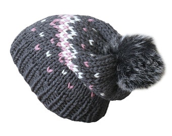 Knit beanie hat, fair isle hat in Dark Grey color with Detachable Pompom, Different Colorways Available