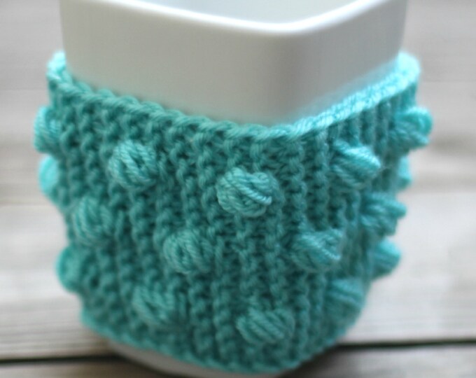 Knit mug cozy with nupps aqua turquoise cup cozy, bobbles cup cozy knitted cup cozy