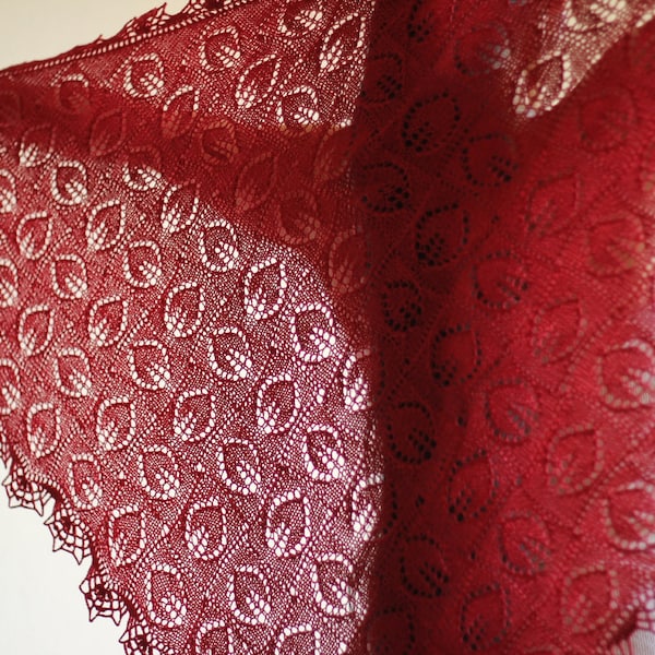 Christmas Gift Knit shawl, knit wrap, wedding shawl, bridesmaids shawl lace shawl in red berry burgundy lace scarf crochet border