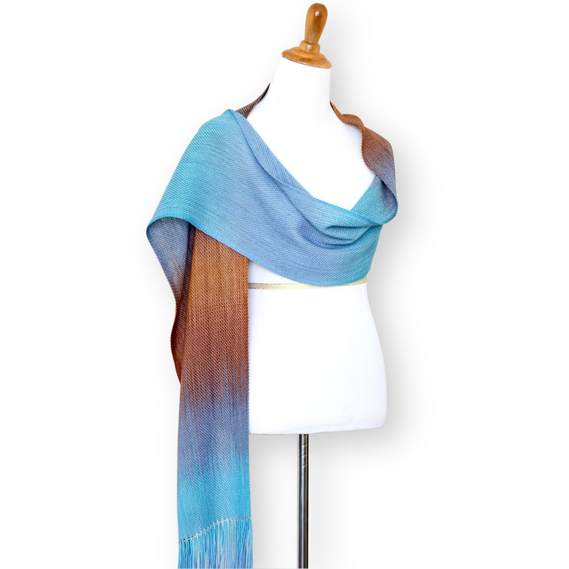 katerynaG Hand Woven Scarf, Pashmina Scarf, Women Wrap, Gradient Color Turquoise, Blue and Brown Long with Fringe Gift for Her