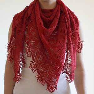 Christmas Gift Knit shawl, knit wrap, wedding shawl, bridesmaids shawl lace shawl in red berry burgundy lace scarf crochet border image 4