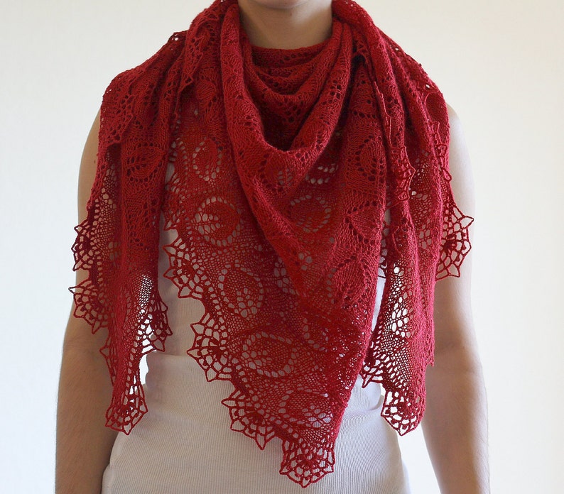 Christmas Gift Knit shawl, knit wrap, wedding shawl, bridesmaids shawl lace shawl in red berry burgundy lace scarf crochet border image 4