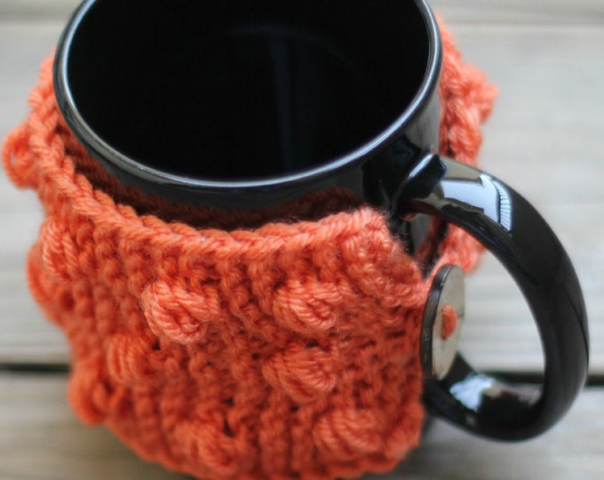 Knit mug cozy with nupps orange carrot cup cozy, bobbles cup cozy knitted cup cozy