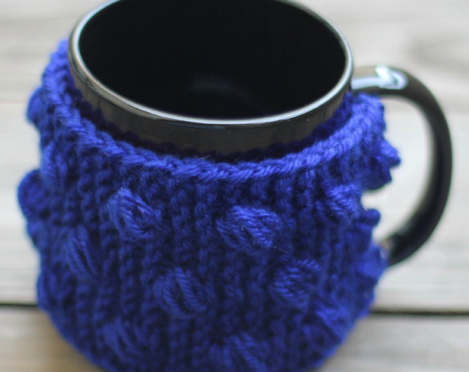 Knit mug cozy with nupps navy blue dark blue cup cozy, bobbles cup cozy knitted cup cozy