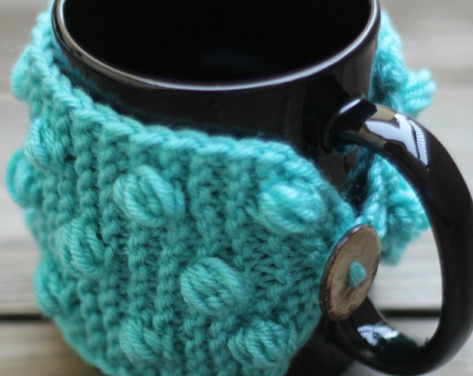 Knit mug cozy with nupps aqua turquoise cup cozy, bobbles cup cozy knitted cup cozy