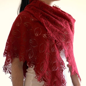 Christmas Gift Knit shawl, knit wrap, wedding shawl, bridesmaids shawl lace shawl in red berry burgundy lace scarf crochet border image 2