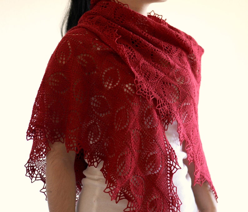 Christmas Gift Knit shawl, knit wrap, wedding shawl, bridesmaids shawl lace shawl in red berry burgundy lace scarf crochet border image 2