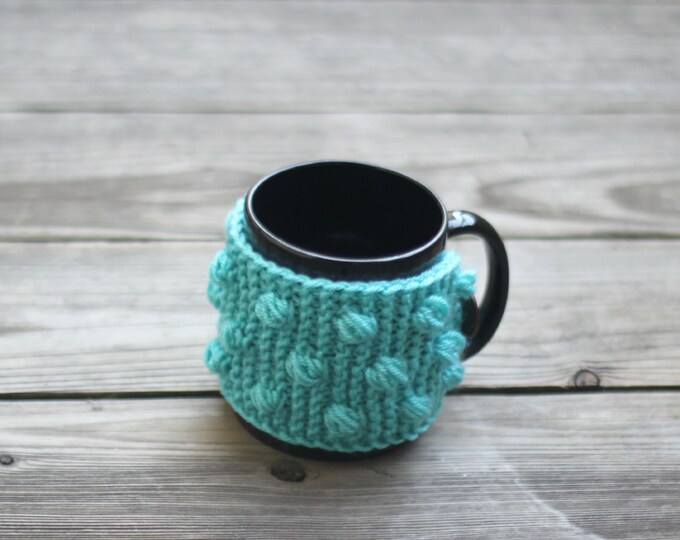 Knit mug cozy with nupps aqua turquoise cup cozy, bobbles cup cozy knitted cup cozy