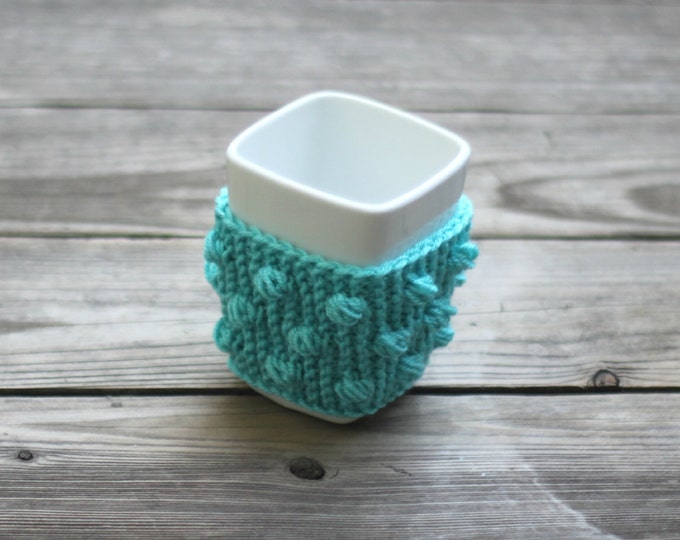 Knit mug cozy with nupps aqua turquoise cup cozy, bobbles cup cozy knitted cup cozy
